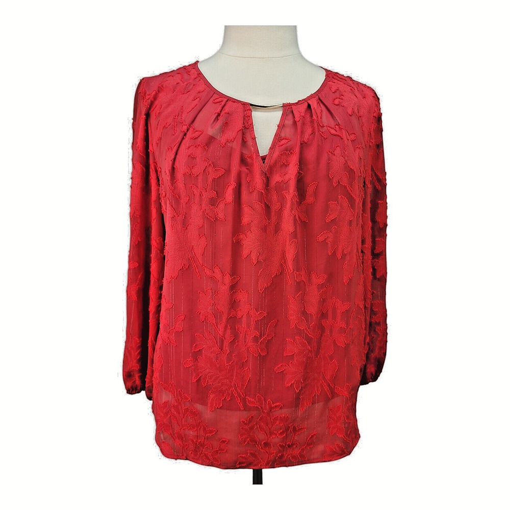 Liz Claiborne Blouse Women XL Red Sheer Lined Holiday Christmas Party Dressy Top - Picture 2 of 13